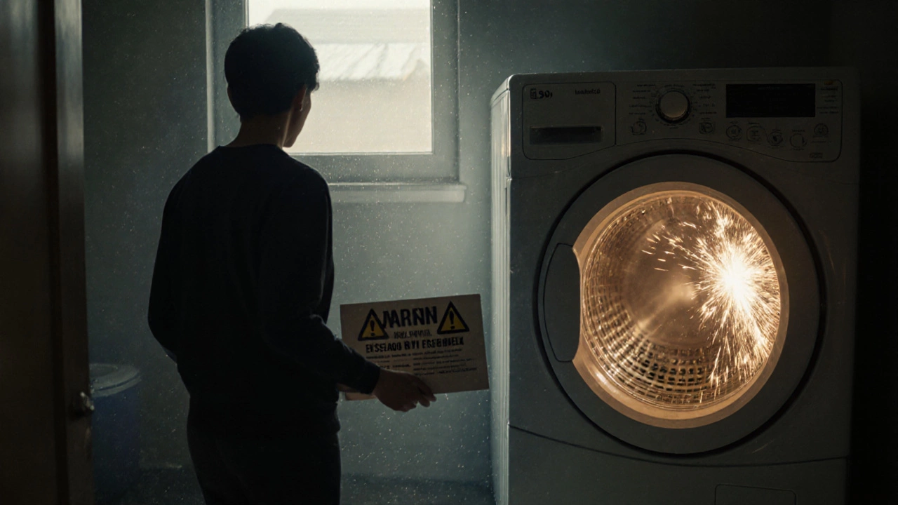 A person turning away from a sparking old dryer toward a new one in a well-lit laundry room.