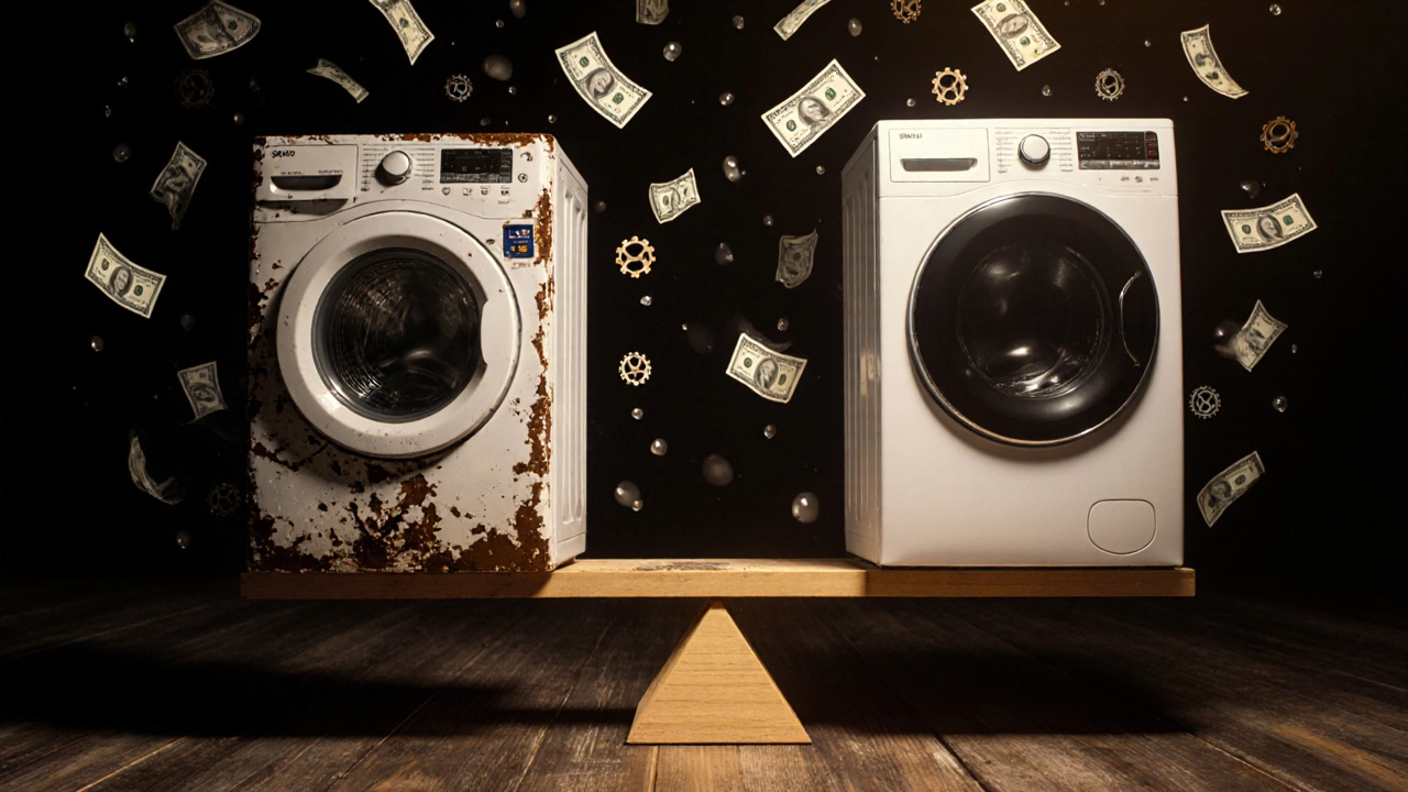 A scale balancing an old broken washer against a new efficient one with water and cost symbols.