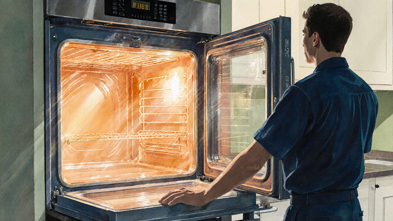 Bright, clean oven interior after a self‑clean cycle with a technician nearby.