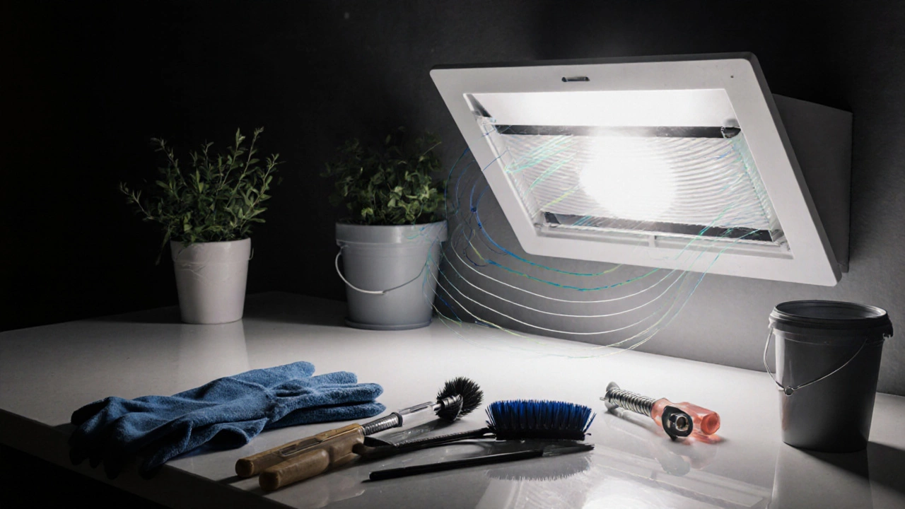 Brightly lit, clean extractor fan with nearby tools on a tidy kitchen countertop.