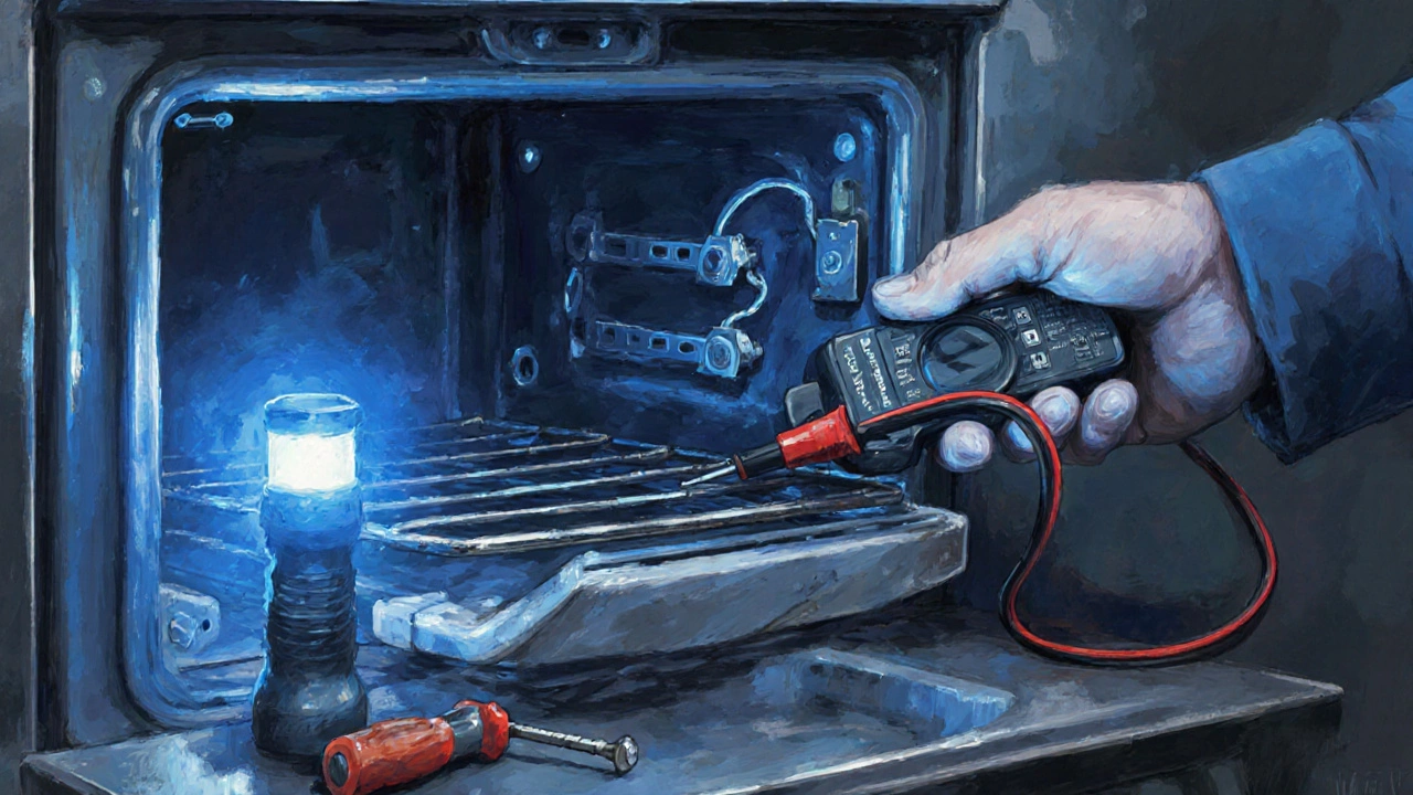Close‑up of a hand testing a broken oven heating element with a multimeter.