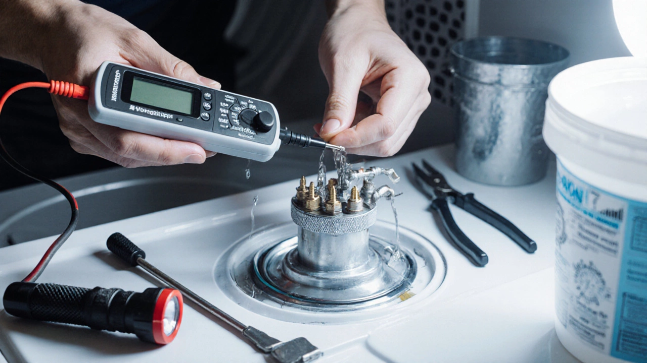 Close‑up of hand holding a multimeter testing a washer&#039;s door latch and inlet valve surrounded by tools.