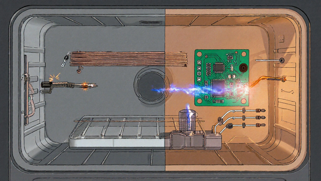Cut‑away illustration of oven heating coil, sensor, control board, and gas igniter.