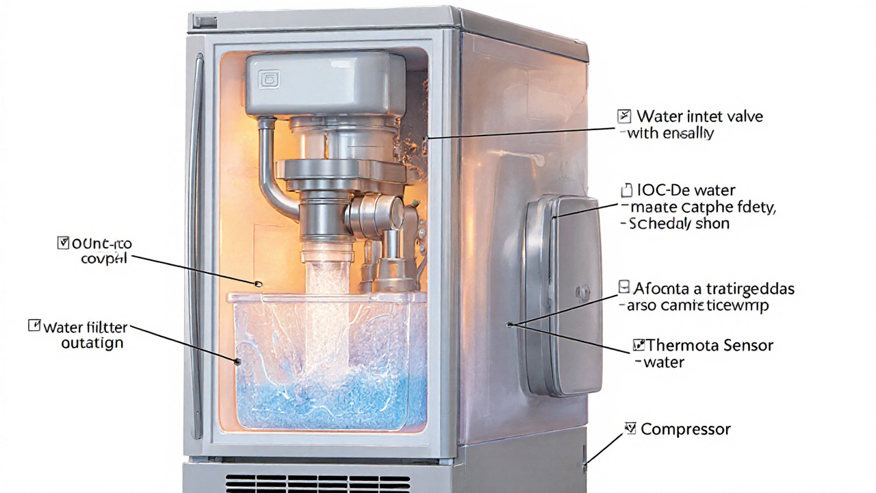 Cutaway view of freezer ice maker parts: valve, filter, arm, mold, sensor, and compressor.
