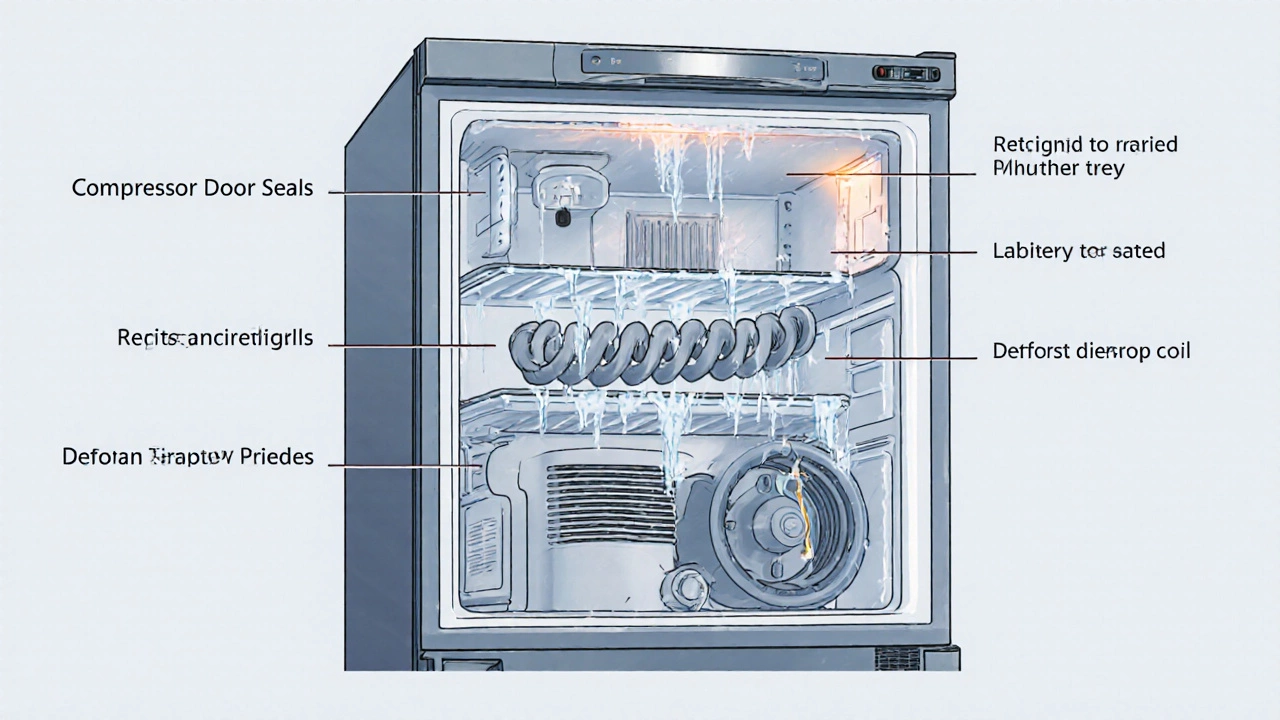 Cutaway view revealing freezer compressor, thermostat, door seal, evaporator coil, and defrost timer.