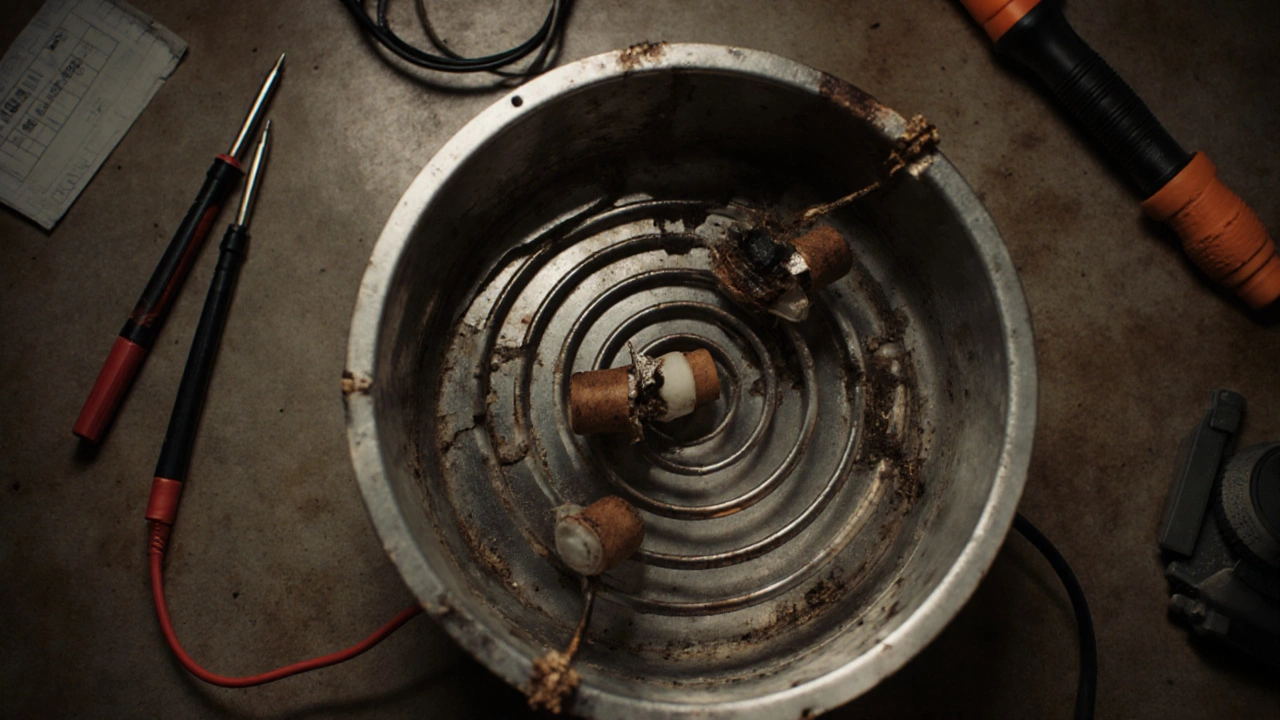 Damaged oven element with cracks and charred insulators on a workbench.