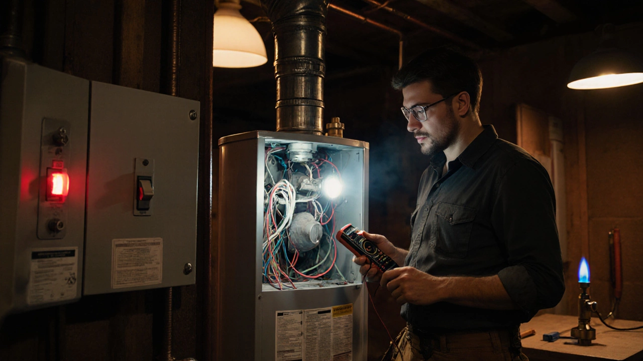 DIYer inspecting breaker, heater interior, and gas valve with tools.