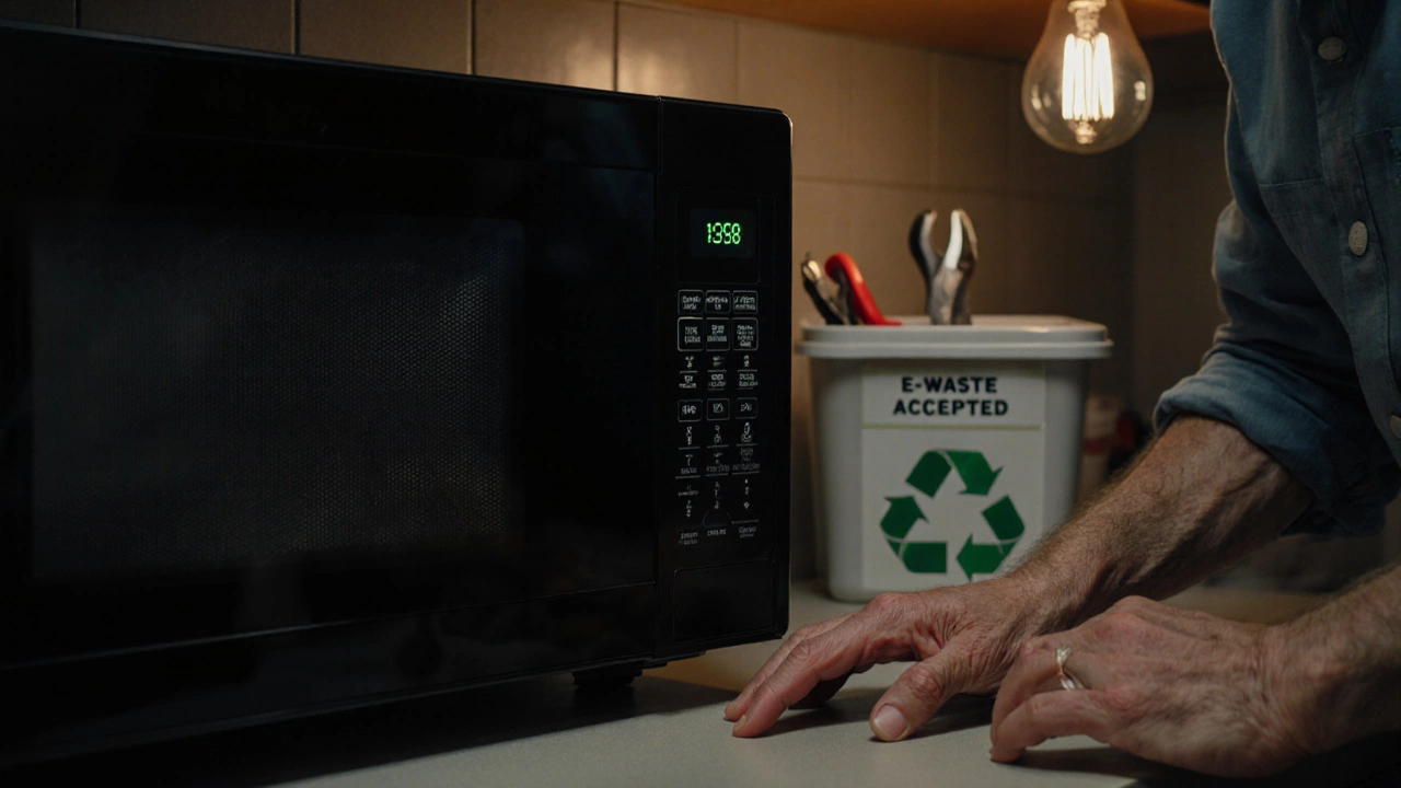 Elderly person hesitating before a faulty microwave with recycling bin nearby.
