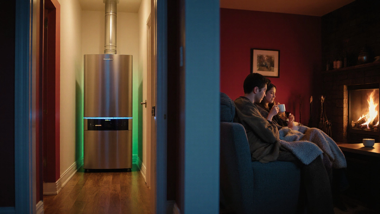 Family relaxes in a warm home with a new stainless-steel boiler glowing softly.