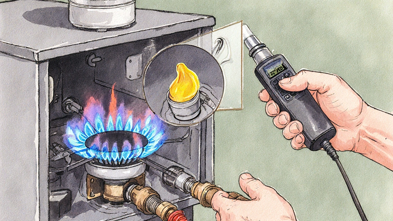 Gasfitter inspects boiler flame and regulator, showing blue and yellow flame contrast.
