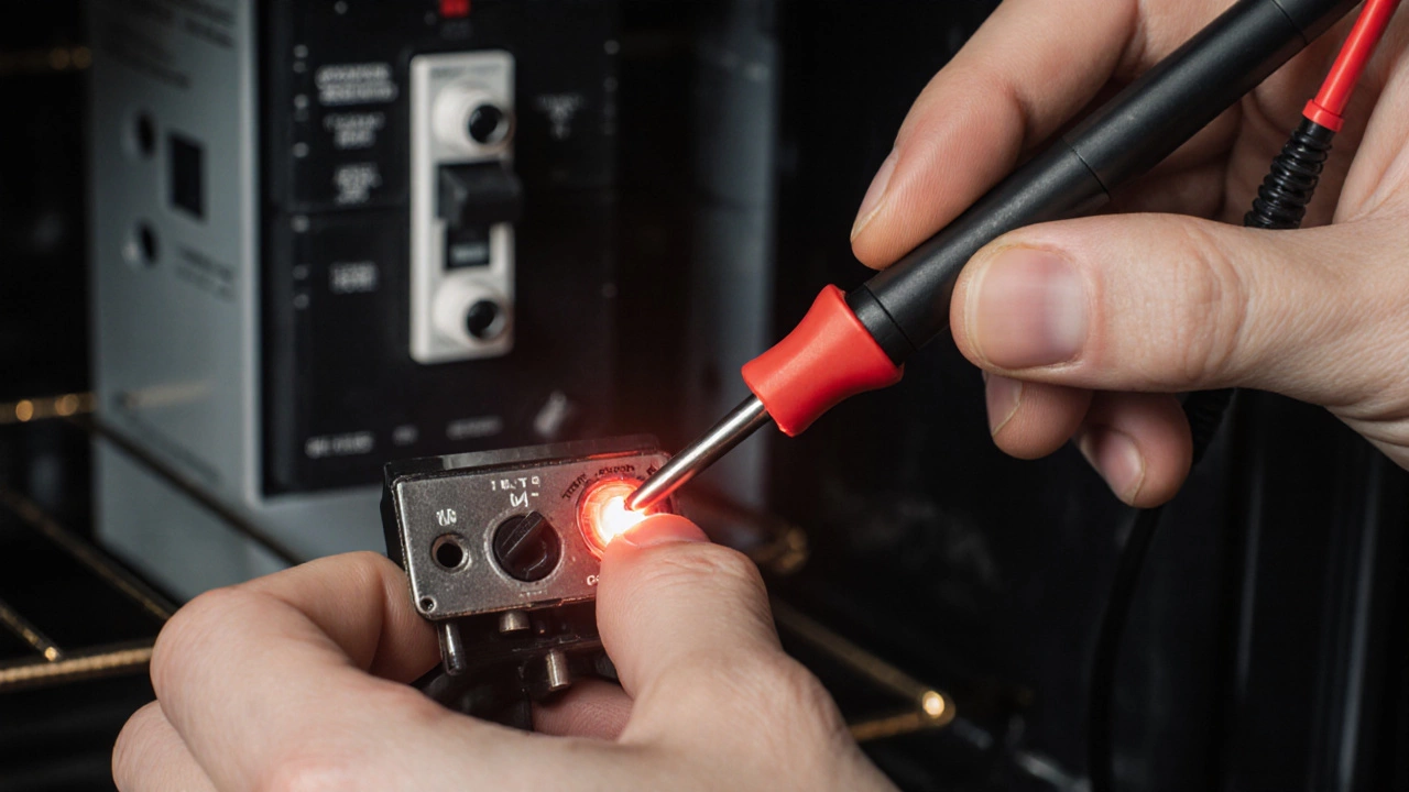 Hands using a multimeter on a glowing oven heating element near a circuit breaker.