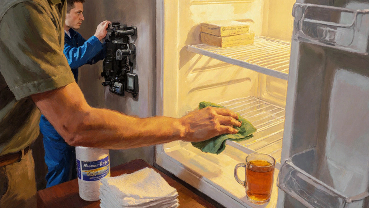 Homeowner cleaning the freezer gasket and replacing filter, with a technician checking the compressor.