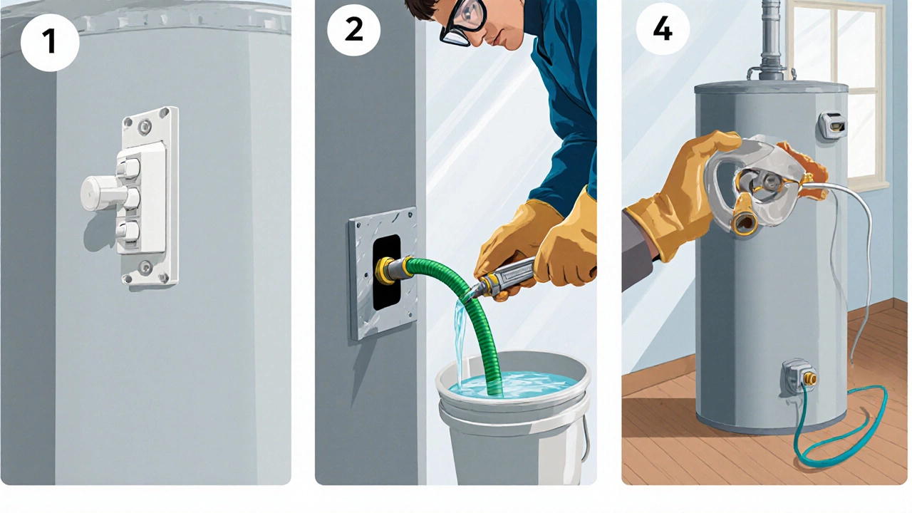 Homeowner in safety gear turning off power, draining water, and loosening anode rod.