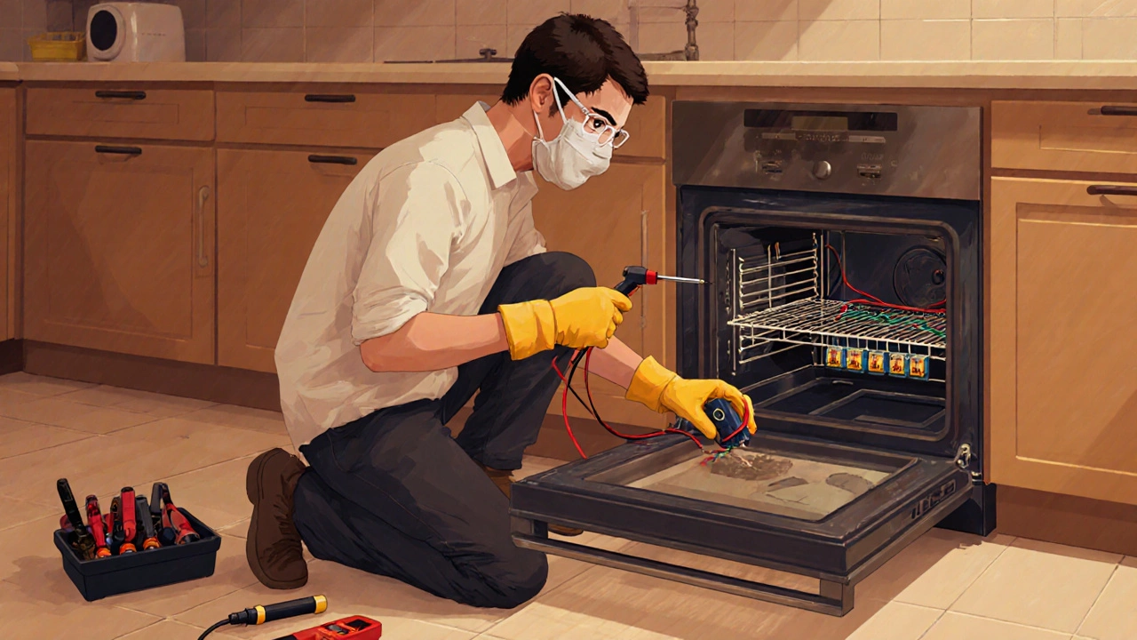 Homeowner wearing gloves and using a screwdriver to replace an oven heating element.