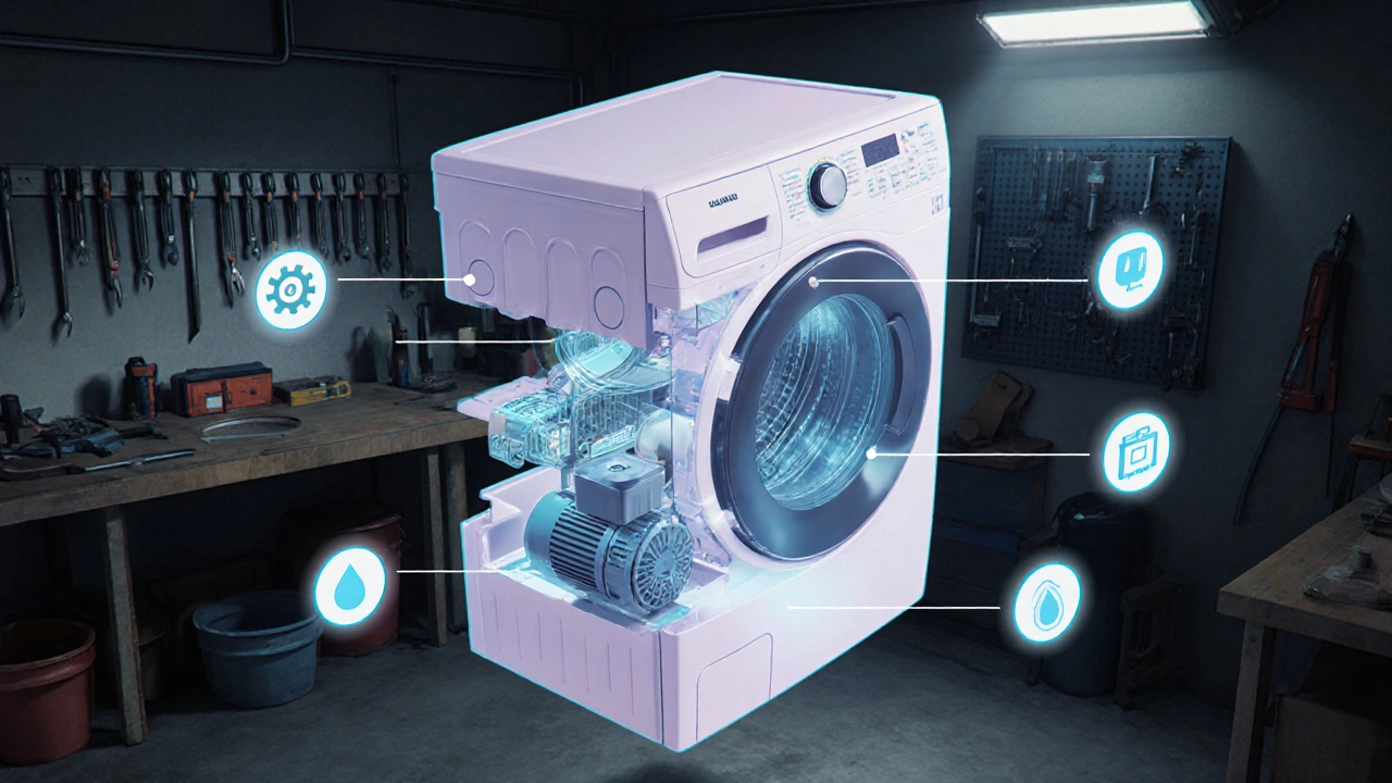 Illustrated exploded view of a washing machine showing drum, motor, pump and sensors glowing around a clean washer.