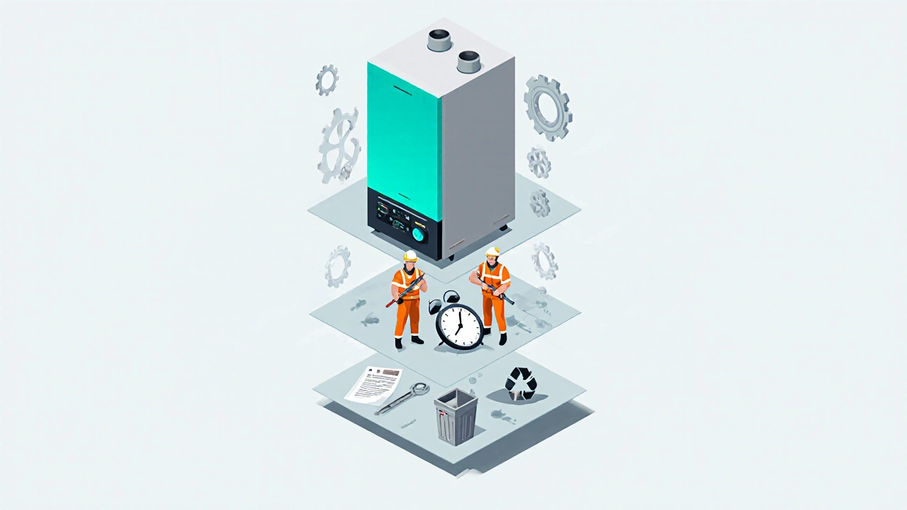 Illustrated exploded view showing boiler, workers, and permit items as cost layers.