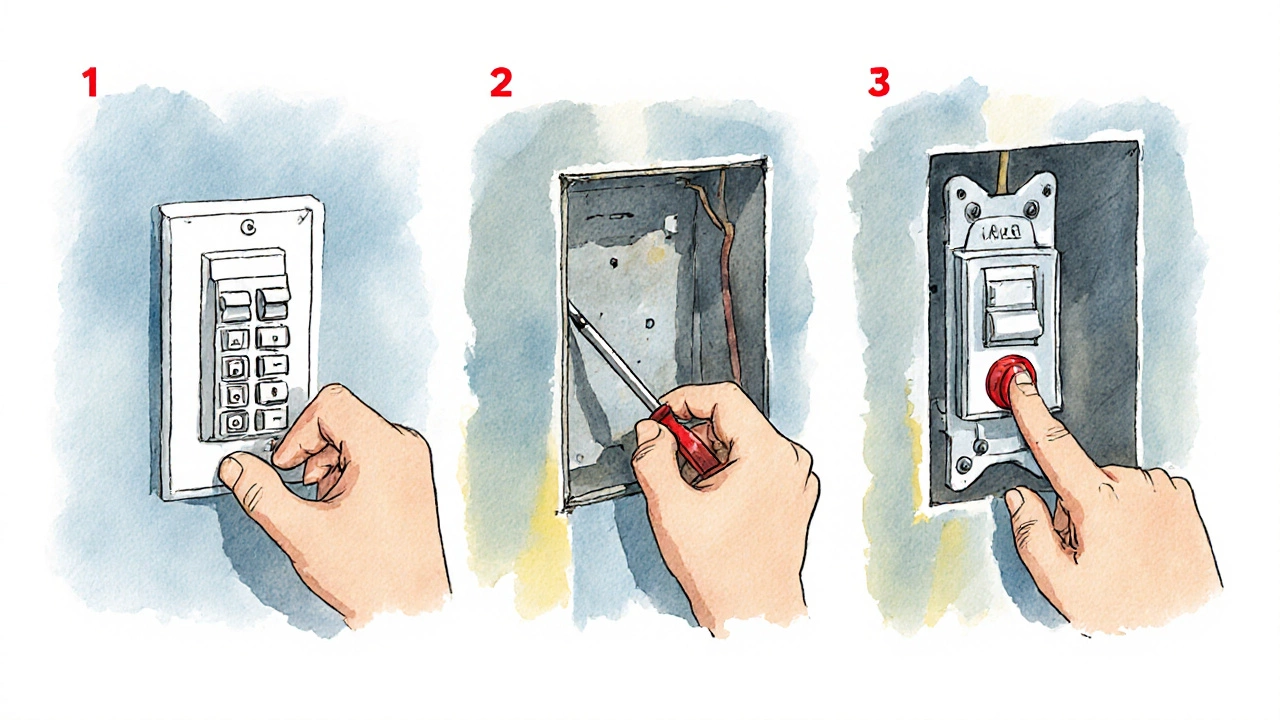 Illustrated steps of a homeowner safely resetting an electric water heater.
