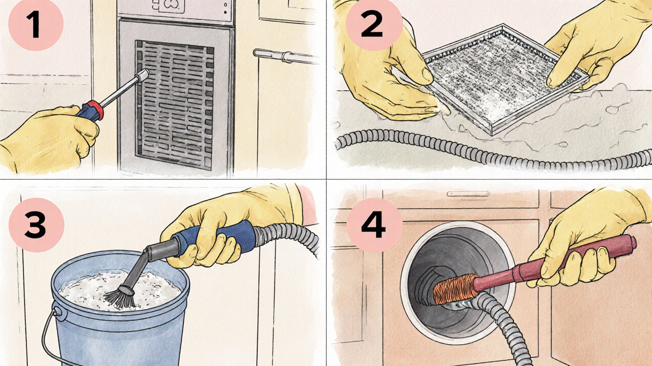 Illustrated steps of removing the grille, cleaning the filter, vacuuming and brushing the duct.
