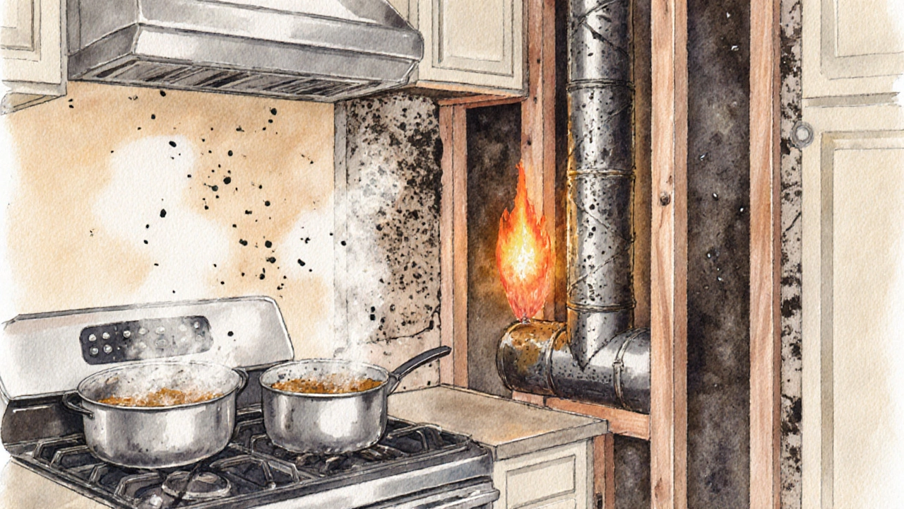 Kitchen cross‑section showing greasy duct, mold spores, and fire risk without ventilation.