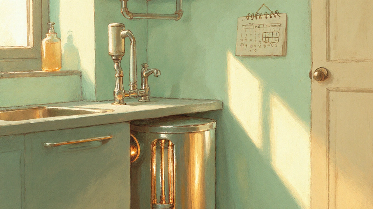 Kitchen scene with water‑softener, dual anode rods, and a calendar hinting at maintenance.