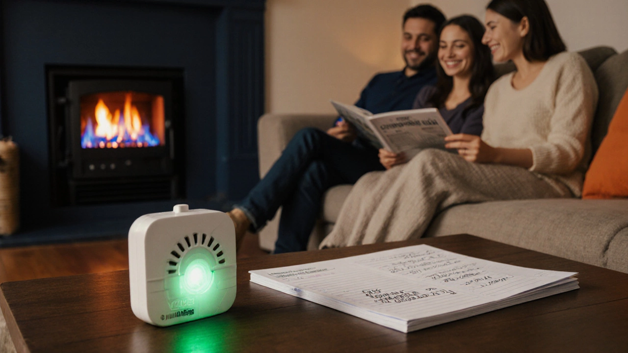 Living room with functional CO detector, maintenance log, and blue‑flame gas fire.