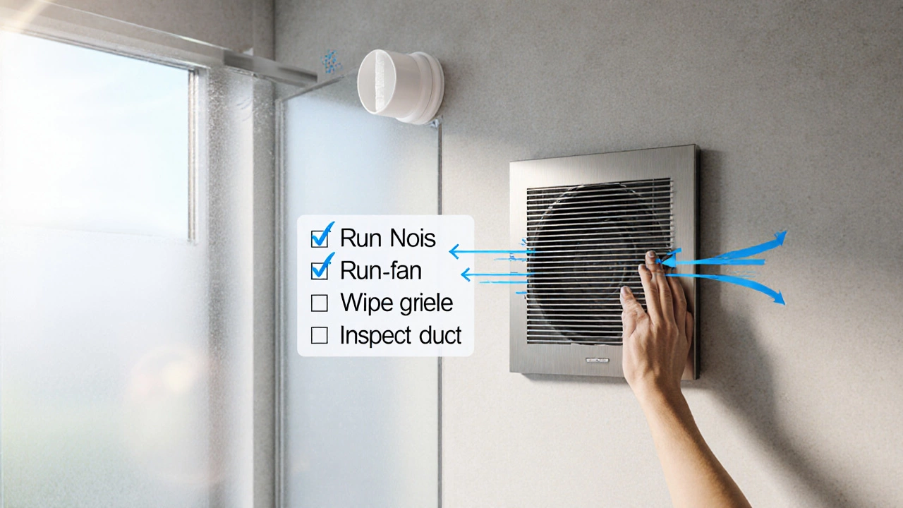 New low‑noise extractor fan installed, showing airflow arrows and homeowner checking it.