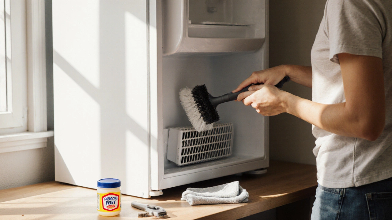 Person cleaning condenser coils and applying petroleum jelly to a freezer door seal.