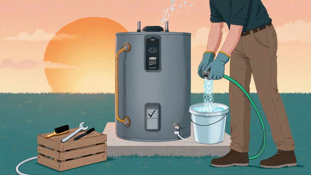 Person flushing a water heater and checking the anode rod outdoors.