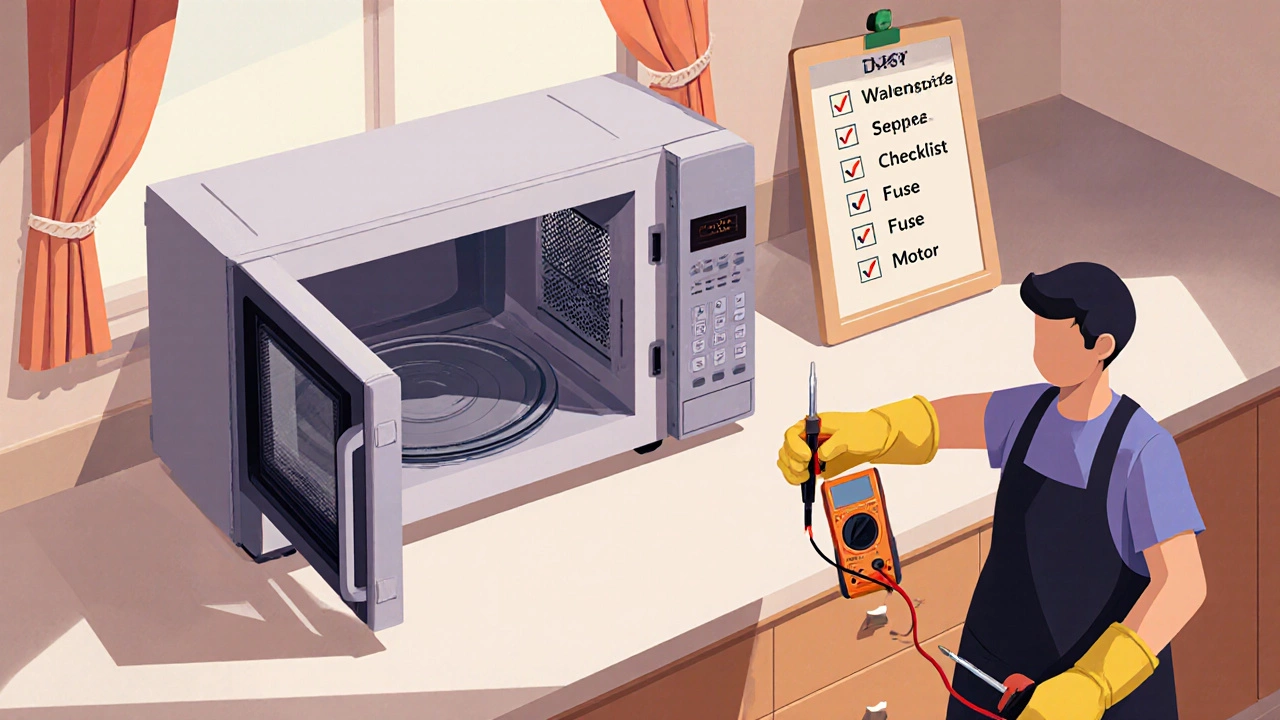 Person in gloves inspecting an opened microwave with tools and a checklist.