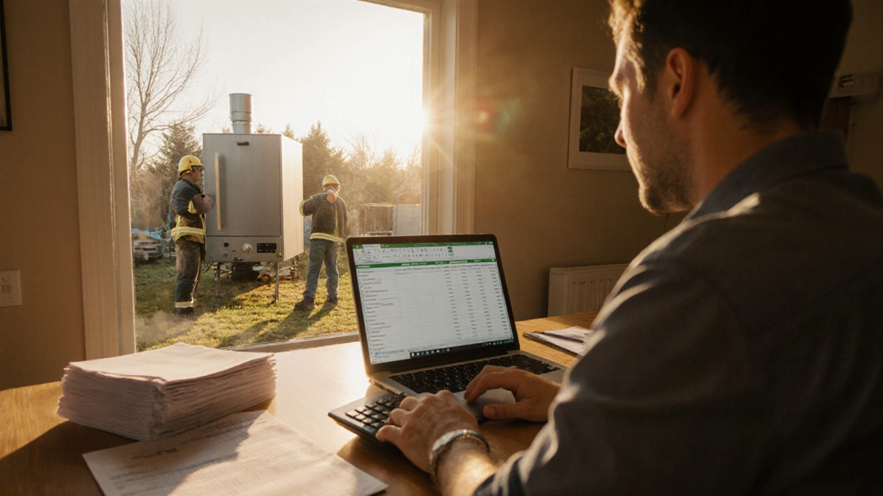 Person reviewing repair bills while a new boiler installation occurs outside.