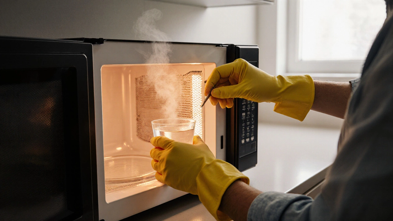 Person testing a repaired microwave, steam rising from a cup of water inside.