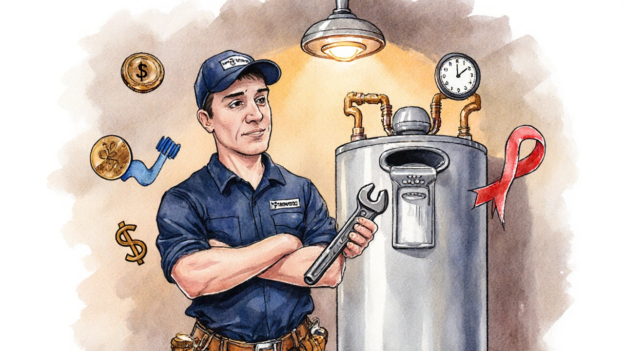 Plumber holding a new anode rod and wrench beside an open water heater, with cost symbols nearby.