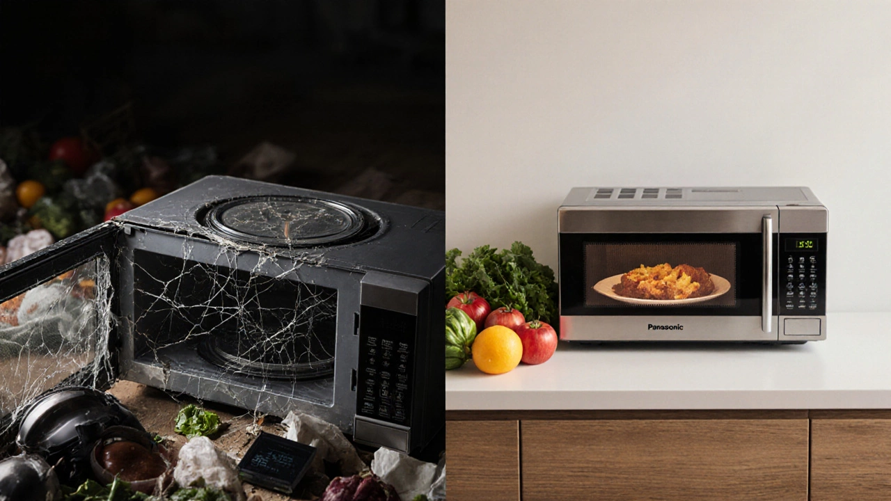 Side-by-side: old broken microwave next to a modern, sleek replacement.