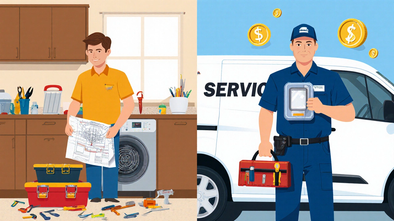 Side‑by‑side view of a DIY oven repair and a professional technician working on the same appliance.