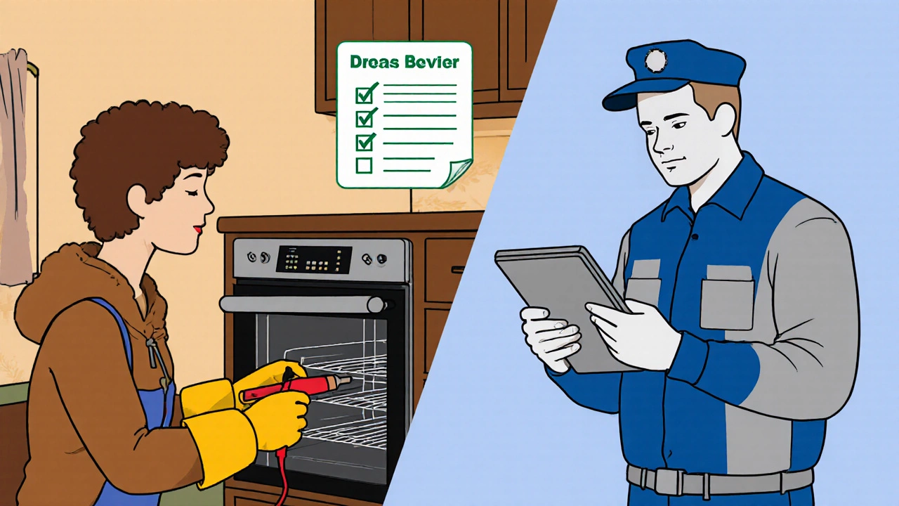 Split illustration of DIY homeowner and professional technician working on an oven control board.