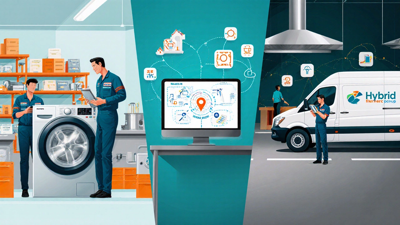 Split illustration showing in‑house workshop technicians and third‑party service van with hybrid hub in the center.