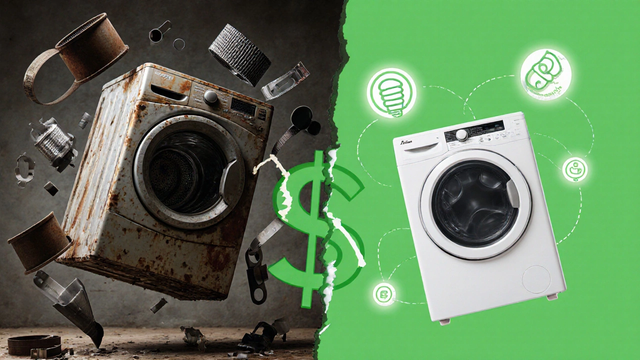 Split-screen showing an old broken dryer versus a modern energy-efficient model with glowing icons.