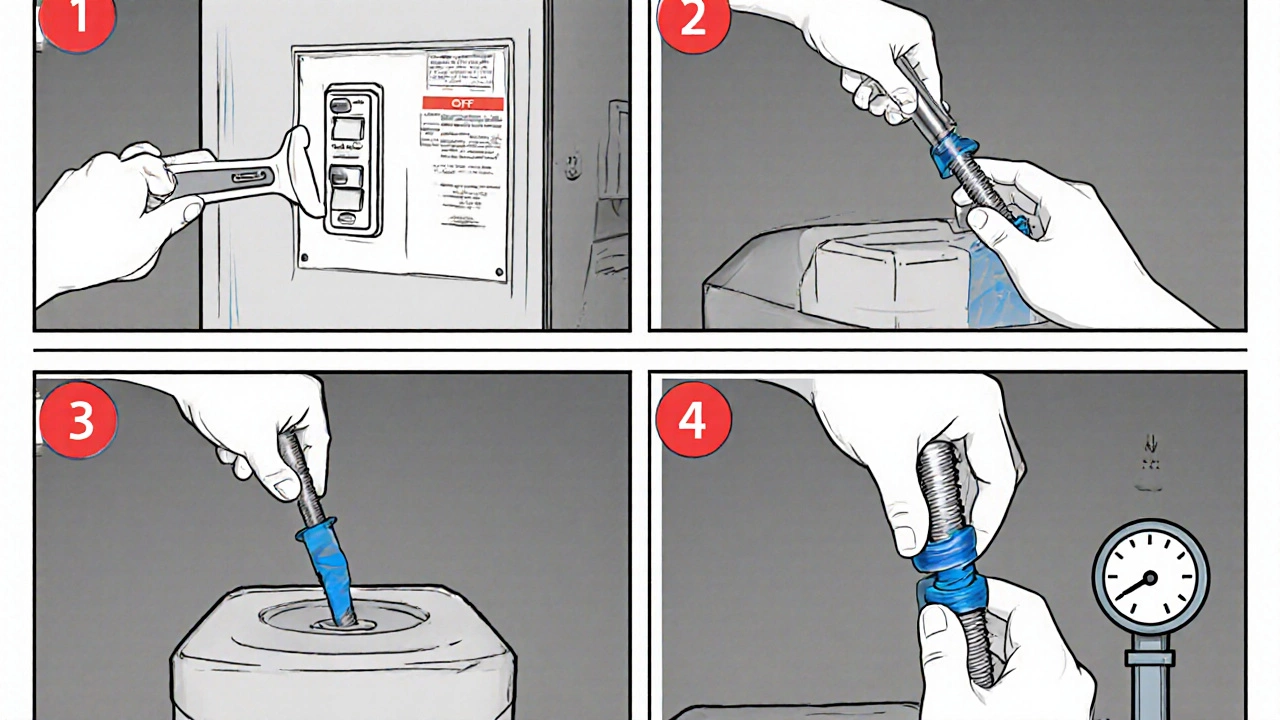 Step‑by‑step ink drawing of a DIY anode rod replacement with tools and safety highlights.