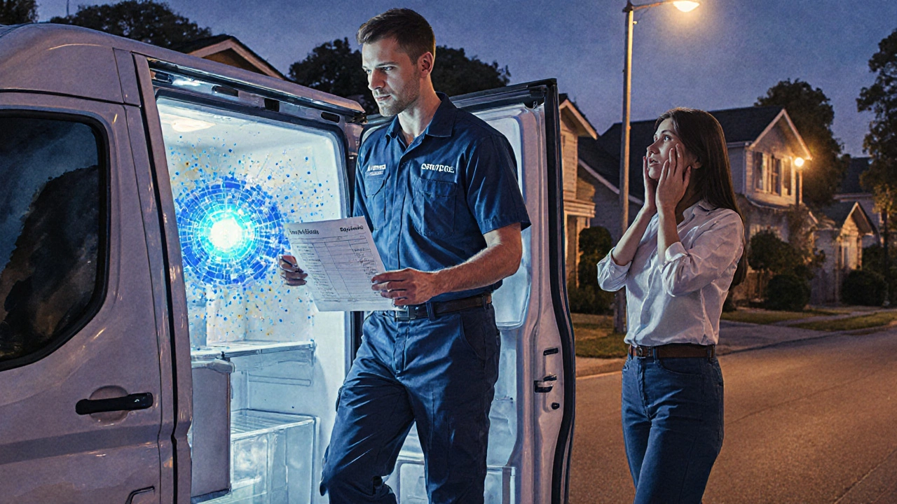 Technician fixing a fridge on a suburban street, showing transparent pricing and happy homeowner.