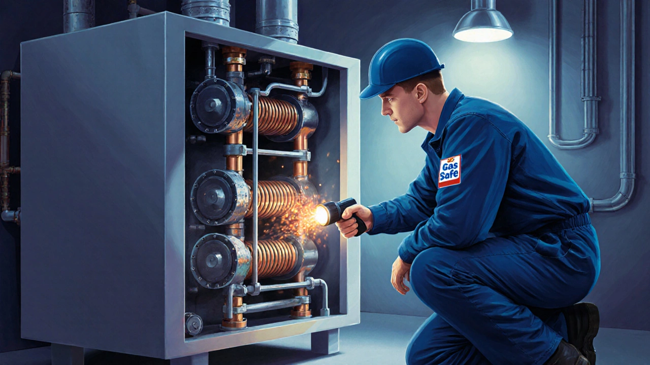 Technician inspecting a boiler&#039;s heat exchanger and combustion system.