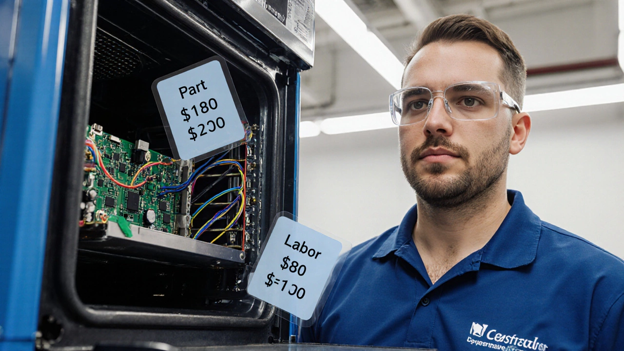 Technician opening an oven to reveal the black control board with floating price tags.