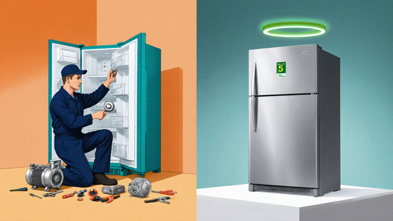 Technician repairing an old fridge beside a shiny new fridge on display.