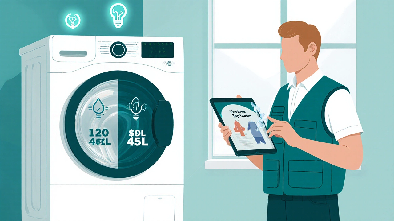 Technician showing energy savings between old and new washing machines.