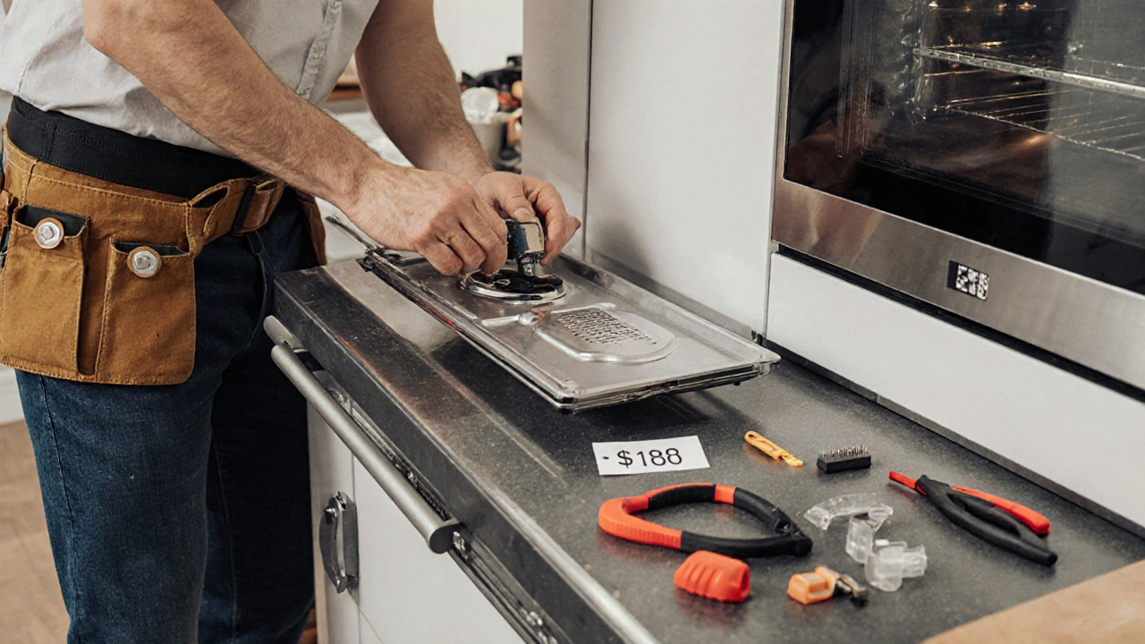 A technician replacing a sensor in an old oven, with tools and a repair cost tag visible.