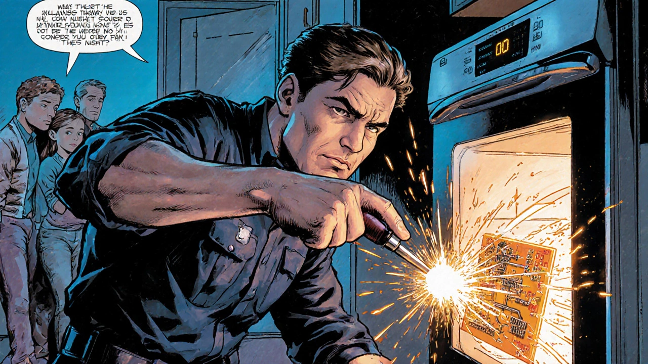 Comic-style technician repairing a kitchen appliance with sparks and error codes.