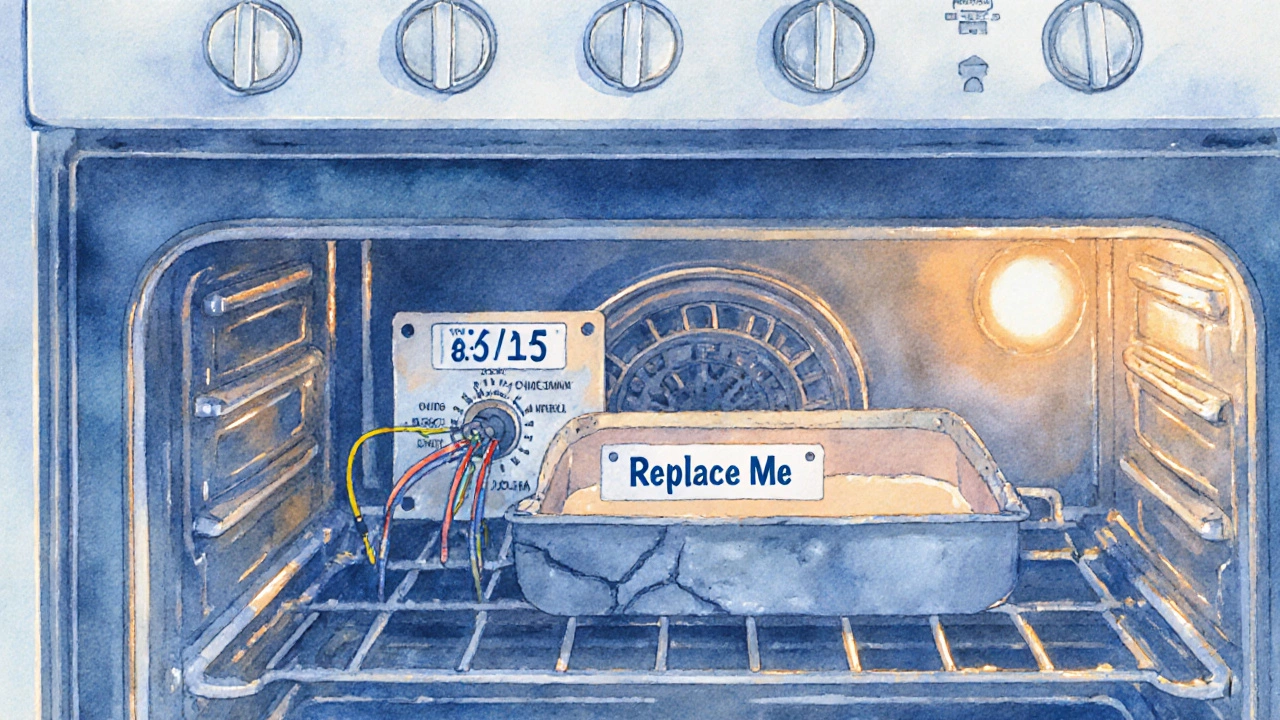 Cross-section diagram of aging oven parts compared to new replacement components.