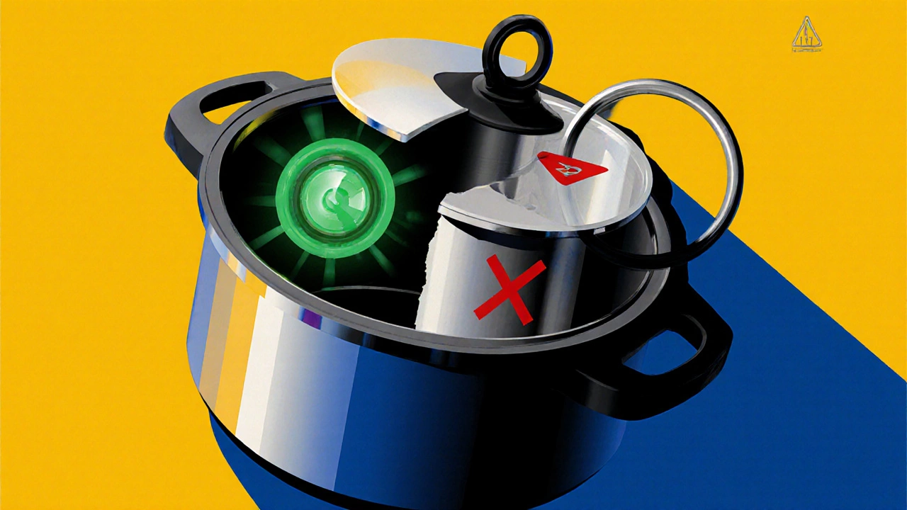 Cross-section of a pressure cooker showing safe and unsafe internal parts.