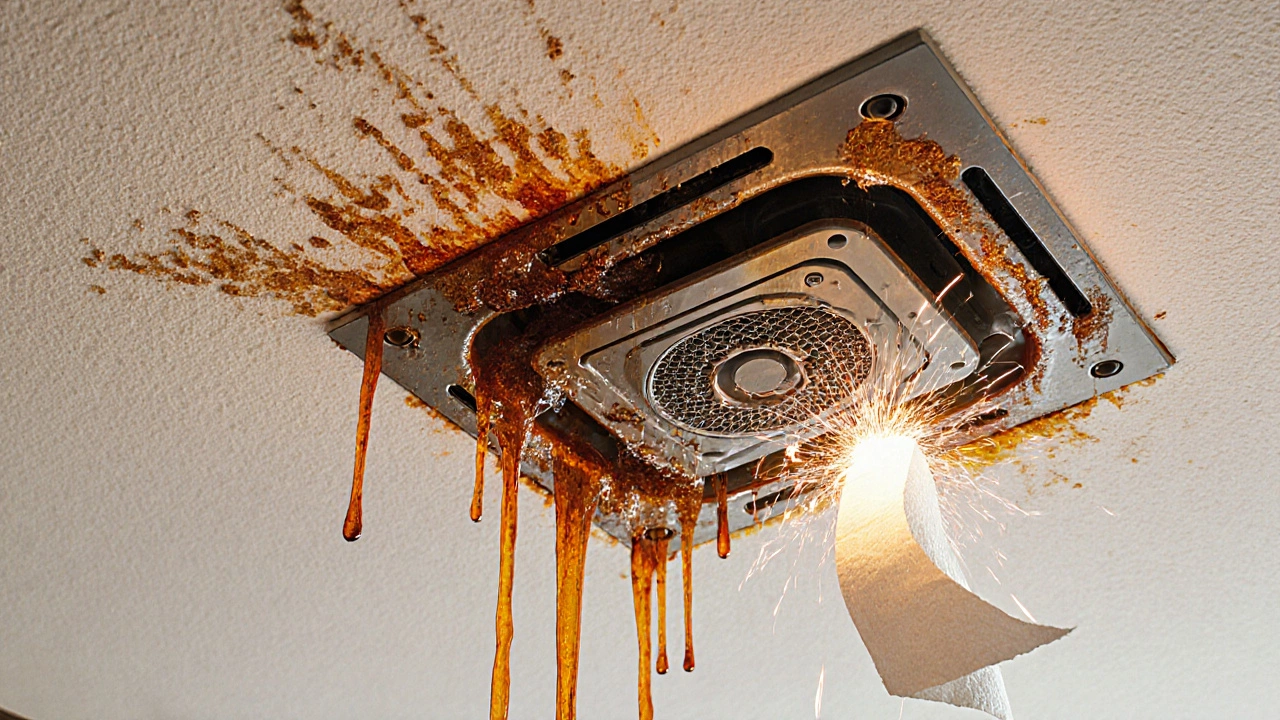 Grease-covered kitchen ceiling with a failing extractor fan and a fluttering piece of toilet paper.