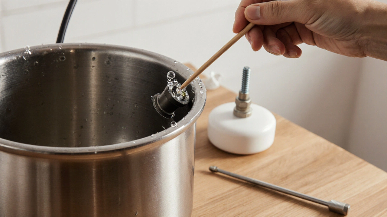Hand cleaning a steam vent valve with a toothpick in a kitchen.