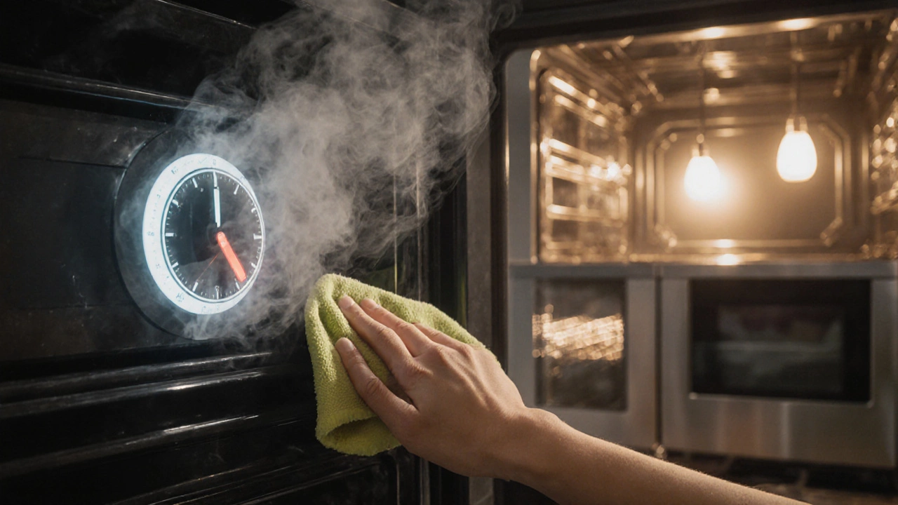 Hand cleaning oven door with vinegar as smoke rises from control panel, new oven visible in background.